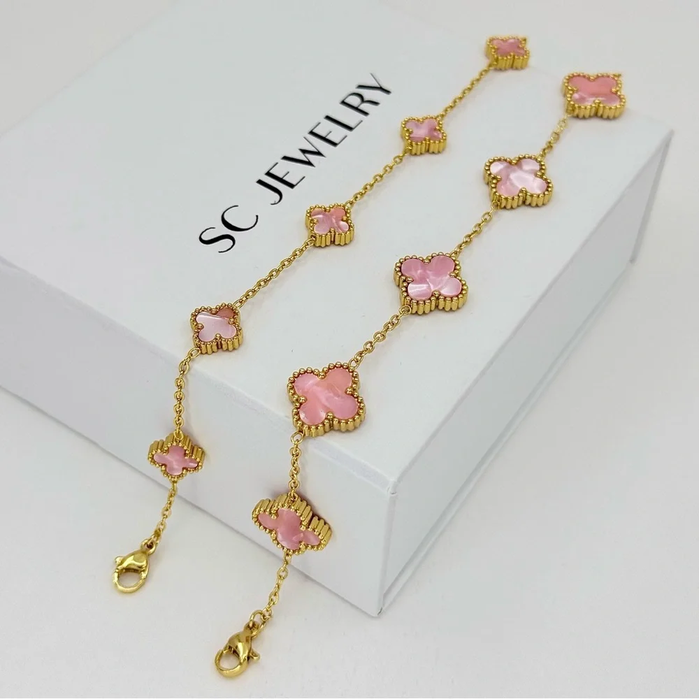 Petite Pink Mother of Pearl Gold Clover Bracelet | Stainless Steel Double Sided